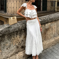 Cyflymder Lace Ruffle Two Piece Set Women Flutter Strap Layered Crop Top Midi Skirt Suit Lady's Holiday Beach Dating Matching Outfit