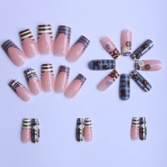 Cyflymder 24pcs Vintage French Style Stripes Press On Nails Cartoon Ladybug Button Designs Coffin False Nails Blue Brown Plaid Fake Nail