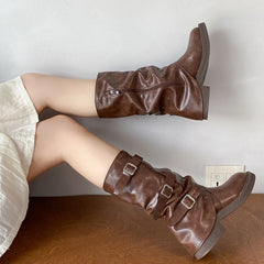 Cyflymder Vintage Slip On Women Western Cowboy Boots Fashion Belt Buckle Autumn Winter Female Casual Low Heel Short Booties