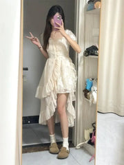 Cyflymder Irregular Dresses Women Sweet Ruffles Square Collar Puff Short Sleeve Princess Spring Summer Elegant Dress Female