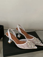 Cyflymder Lace Denim Women's Buckle Strap Rhinestone Sandals Female Shoe High Heels Laces Girls 2025 Comfort High-heeled Closed Spring