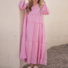 Cyflymder Simple Autumn Flare Sleeve Cake Party Dress Fashion Solid Loose Cotton Linen Dress Women Spring V Neck Button Pleated Long Dress