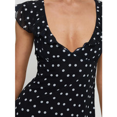 Cyflymder Luxury Women Casual Dot Print Short Dress Lace Slim V Neck Flying Sleeve A-line Mini Dress for Daily Party Club