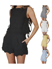 Cyflymder Women s Summer Embroidered Sleeveless Tank Top and Shorts Set with Round Neckline Tie-Up Detail and Side Zipper - 2 Piece