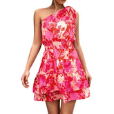 Cyflymder Womens Floral Print One Shoulder Tiered Mini Dress Smocked Waist Sleeveless Ruffle Hem Flowy Summer Dress Party Dress For Women
