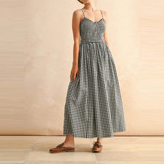 Cyflymder Summer High Waist Slim Pleat Maxi Dress Lady New Sleeveless Hollow Out Vacation Dress Elegant Checkered Print Swing Halter Dress