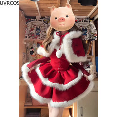 Cyflymder Winter Christmas Lolita 2 Piece Sets Women Kawaii Plush Bow Hooded Cloak Coat Cute Slim Mini Dresses Korean Style Y2k Sweet Suit