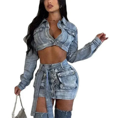 Cyflymder Women Ultra Short Jacket Denim Suits High Waist Lace-up Single-breasted Open Crotch Splicing Pockets Skirt Female Two Piece Sets
