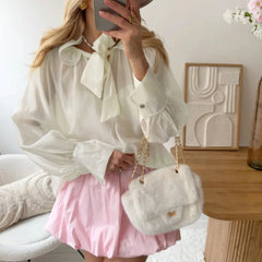 Cyflymder Fashionable Office Women's Shirt Scarf Collar Long Sleeves Patchwork Perspective Temperament Loose Blouse Female