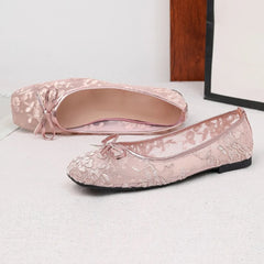 Cyflymder Mesh Embroidery Flower Designer Flat Shoes Women Bow Decoration Square Toe Casual Shoes Spring Party Comfort Single Shoes
