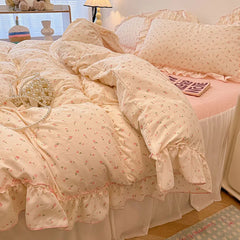 Cyflymder Sweet Flower Printed Bed Skirt Bedding Set Skin Friendly Cotton Nude Sleeping Comforter Set Class-A Twin Single Home Textile