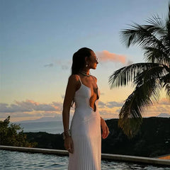 Cyflymder Sexy Sleeveless Backless Pleated Hem Resort Sling Dress 2025 Women Evening Dress Elegant Solid Color Irregular V Neck Maxi Dress