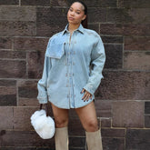 Cyflymder Casual Denim Jacket for Women's Vintage Single Breasted Turn Down Collar High Street Patchwork Denim Outerwear for Autumn