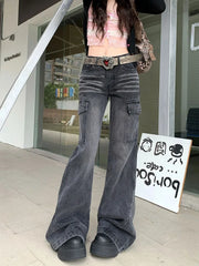 Cyflymder High Street Retro Black and Gray Jeans Women's Pants Autumn Loose Wide-leg Pants Straight Flared Trousers Y2k Sweet Punk Pant