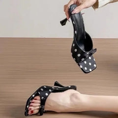 Cyflymder Summer Bowknot Square Head Open Toe High Heel Women's Slippers Leather Prom Shoes Series Fine Heel Ladies Slippers 3467