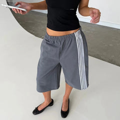 Cyflymder Y2K Vintage Loose Baggy Bermuda Jogger Shorts Women Side Stripes Knee Length Sweatpants Elastic Waist Sports Loungewear Bottom
