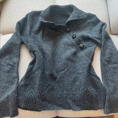 Cyflymder Women Shawl Collar Knit Sweater Long Sleeve Asymmetric Button Pullover Solid Thick Knit Casual Four Seasons Tops