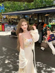 Cyflymder Floral Lace Midi Dress Women French Elegant Vintage Dress Evening Party Clothing Y2k One Piece Dress Korean Fashion Beach Style