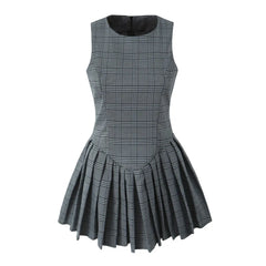Cyflymder Sexy O neck Gray Plaid Print Sleeveless Mini Dress Low Waist Spliced Folded Pleated Swing Women Tank Dresses Short Robe