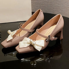 Cyflymder Sweet Bow Square Toe Chunky Heel Women Pumps Fashion Buckle Elegant Dress Mary Jane Shoe Ladies Luxury Wedding Bridal High Heels
