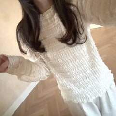 Cyflymder Chic Fashion Lace Tops Tee Women Autumn O-Neck Long Sleeve Folds Bottoming T-shirt for Sweet Girls