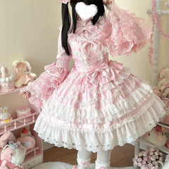 Cyflymder Japanese Lolita Jsk Gorgeous Bow 2 Piece Set Women Y2k Long Sleeve Shirt Kawaii Cute Lace Ruffles Vintage Elegant Princess Dress