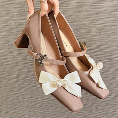 Cyflymder Sweet Bow Square Toe Chunky Heel Women Pumps Fashion Buckle Elegant Dress Mary Jane Shoe Ladies Luxury Wedding Bridal High Heels