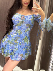Cyflymder Sexy Beach Holiday Fashion Women's Dress Printed Long Sleeve Backless Lace-up Ruffled Mini Dress Fashion Summer Dress