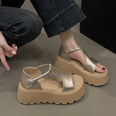 Cyflymder Summer Chunky Sandals Women's Wedge Heels Slides Leather Casual Woman Beach Casual Thick Bottom Sandals Silver 245