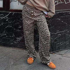 Cyflymder Leopard Print Wide Leg Pant Y2k Streetwear Women Low-rise Straight-leg Trousers Fashion Casual Clothes All match Spring