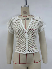 Cyflymder eyelet blouse for women cotton hollow out turn-down collar woman tops new short sleeve blouse for swimsuits