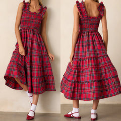 Cyflymder Women Sleeveless Dress Summer Patchwork Casual Plaid Print Ruffled A-Line Party Dress for Beach Club Streetwear