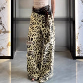 Cyflymder Women Double Waistband Flared Jeans Leopard Print Patchwork Design Ripped Denim Pants Retro Fashion Summer Casual Trousers