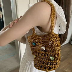 Cyflymder Ladies Summer Macrame Bucket Bag Phone Purse Handmade Hollow Out Cotton Rope Crochet Bag Small Handbag For Girls