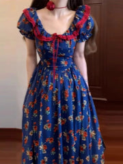 Cyflymder Retro Blue Floral Bubble Sleeve Dress Women's Summer New Holiday Outing Elegant Long Dress High Waist A-Line Cotton Short