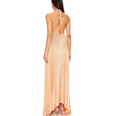 Cyflymder Halter Cross Straps Long Pleated Asymmetric Hem Sleeveless Backless Elegant Evening Long Maxi Dresses Sexy Holiday Chic Summer
