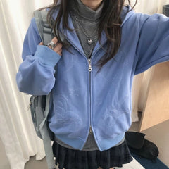 Cyflymder Y2k Aesthetic Grunge Solid Hooded Hoodies Harajuku Vintage Double Zipper Hoody Jacket Autumn Embroidery Casual Sweatshirt