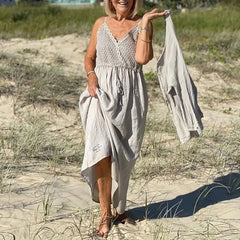 Cyflymder V-neck Lace Patchwork Holiday Dress Fashion Suspender Sleeveless Summer Bohemian Dress Elegant Women's Solid Pleated Beach Dress