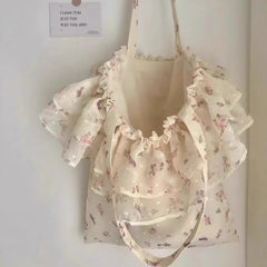 Cyflymder Fashion Girls Sweet Flower Print Handbags Y2k Aesthetic Chic Ruffled Pleated Shoulder Bags Japanese Ins Women Fairy Underarm Bag