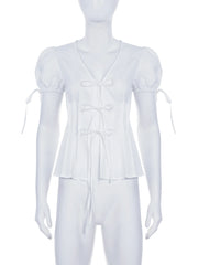 Cyflymder Elegant Fashion Solid Split Blouse Slim Bandage V-Neck Puff Sleeve Shirts Women 2025 Summer Fashion Streetwear Ladies