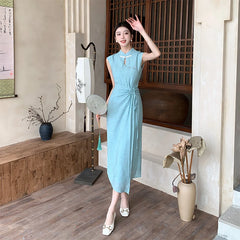Cyflymder Chinese Style Thin Dress Women Spring and Summer Stand Collar Cheongsam Slim Fit Dress Fashion Female Clothes