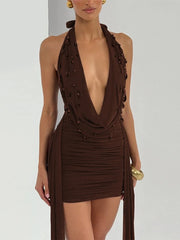 Cyflymder Sexy Rhinestone Detail Deep V Halter Mini Party Dress for Women Fashion Solid Sleeveless Backless Ruched Ribbon Club Dress