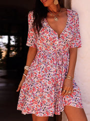 Cyflymder Fashion Hight Waist Holiday Party Dress Elegant Floral Print Bohemian Mini Dress Women's Casual Short Sleeve Draped A-Line Dress