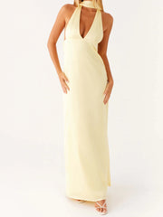 Cyflymder Elegant Maxi Dress with Boho Floral Print and Halter Neckline Sexy Backless V-Neck Sleeveless Dress for Summer Beach Party