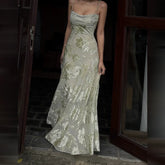 Cyflymder French Luxury Satin Heavy Floral Bodycon Maxi Dress Sleeveless Spaghetti Strap Elegant Vestidos Evening Party Dresses