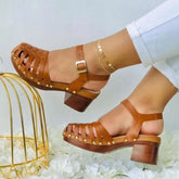 Cyflymder High Heel Sandal for Women Female Shoe Large Size High-heeled Retro Girls Low Comfort Big 2025 Beige Closed Fabric PU Rubber Sol