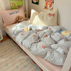 Cyflymder New Student Season Duvet Cover Towel Embroidered Soft 4-piece Set Naked Sleep Wash Cotton Solid Color Checker Bedding