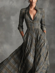 Cyflymder Elegant Ladies Pleated Commute Dresses Leisure Grid Printed Long Sleeve Shirts Dress Autumn New Long Sleeve Pocket Dress