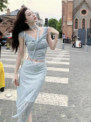 Cyflymder Sweet Style, Off-shoulder Strap, One-shoulder Top, Plaid Skirt, Women's Korean Casual Summer Suit