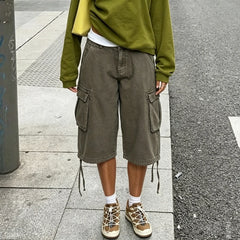Cyflymder American Retro Cargo Bermuda Shorts Loose Knee Length Denim Shorts with Drawstring Y2K Aesthetic Grunge Women Jorts